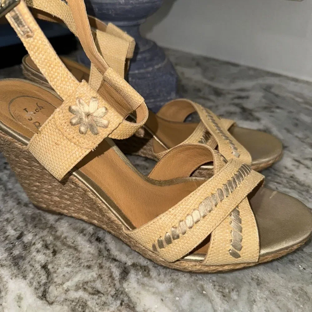 Jack Rogers Size 10M ABBEY Natural Raffia Gold Wedge Sandals Womens Shoes‎
